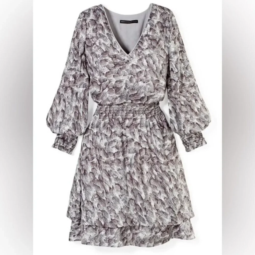 White House Silver Metallic Long Sleeve Petite Smocked Blouson Mini Dress XXS - Picture 5 of 14